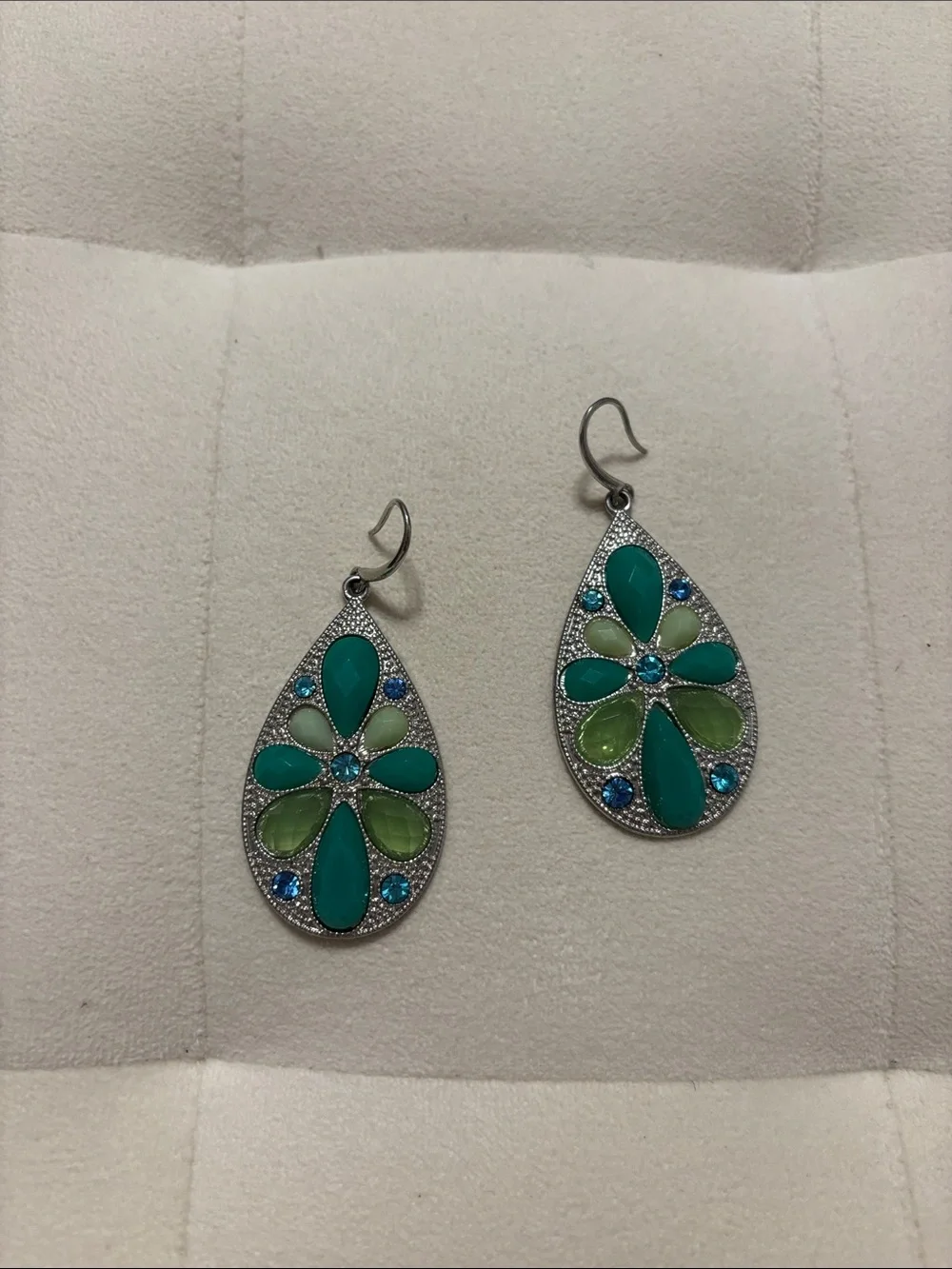 Silver Teardrop Dangle Earrings with Teal & Lime Stones